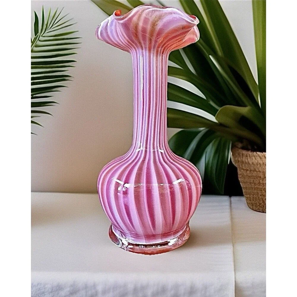 VINTAGE MCM PINK CANDY STRIPE GLASS VASE RUFFLED RIM 9